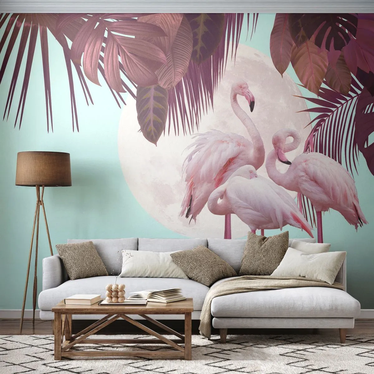 Fotomurali Premium Sand - Tre fenicotteri su uno sfondo di luna piena e foglie tropicali. - 100x70cm - Tre grazie alate - Decorazione murale moderna per soggiorno e camera da letto ARTTOR