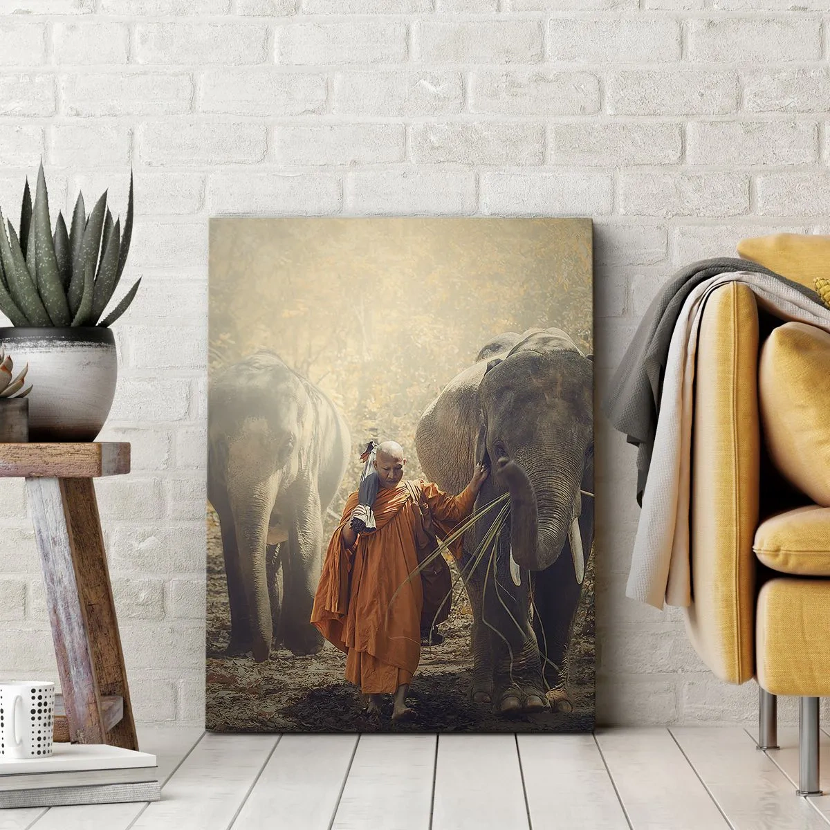 Quadro su tela - Stampe su Tela - Un monaco con una tunica arancione guida un elefante nella foresta. - 80x120cm - Comprensione perfetta - Decorazione murale moderna per soggiorno e camera da letto ARTTOR