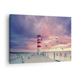 Quadro su tela - Stampe su Tela - Un faro sul molo circondato da un pittoresco tramonto - 70x50cm - Tempo di tornare in porto - Decorazione murale moderna per soggiorno e camera da letto ARTTOR