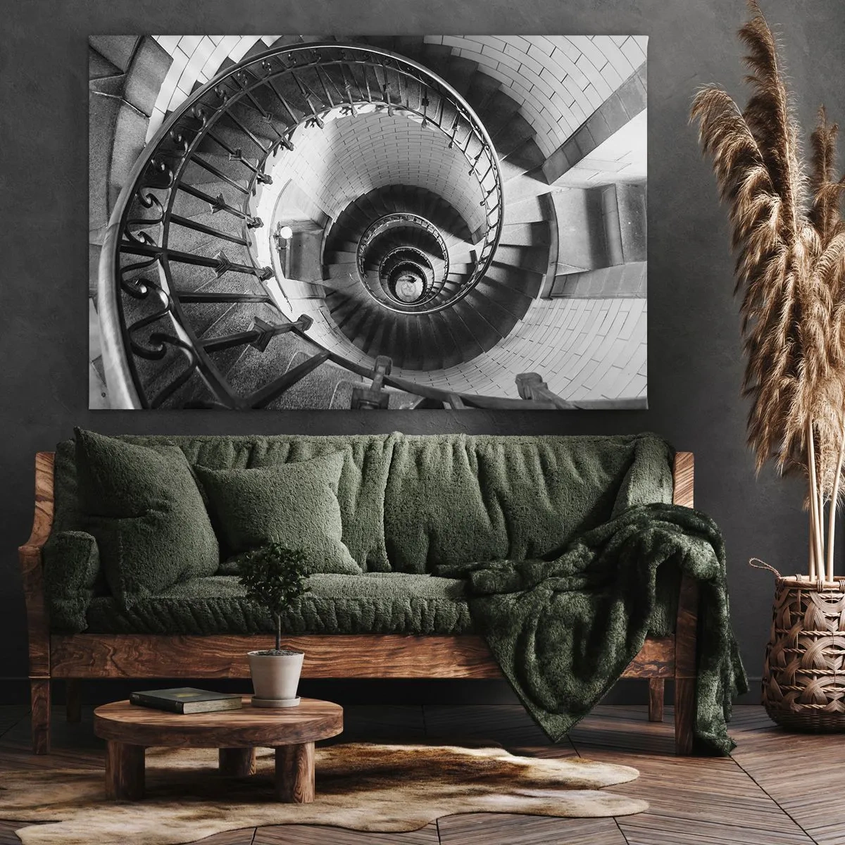 Quadro su tela - Stampe su Tela - Fotografia in bianco e nero di una scala a chiocciola con prospettiva dall'alto verso il basso - 70x50cm - Ancora più in alto - Decorazione murale moderna per soggiorno e camera da letto ARTTOR