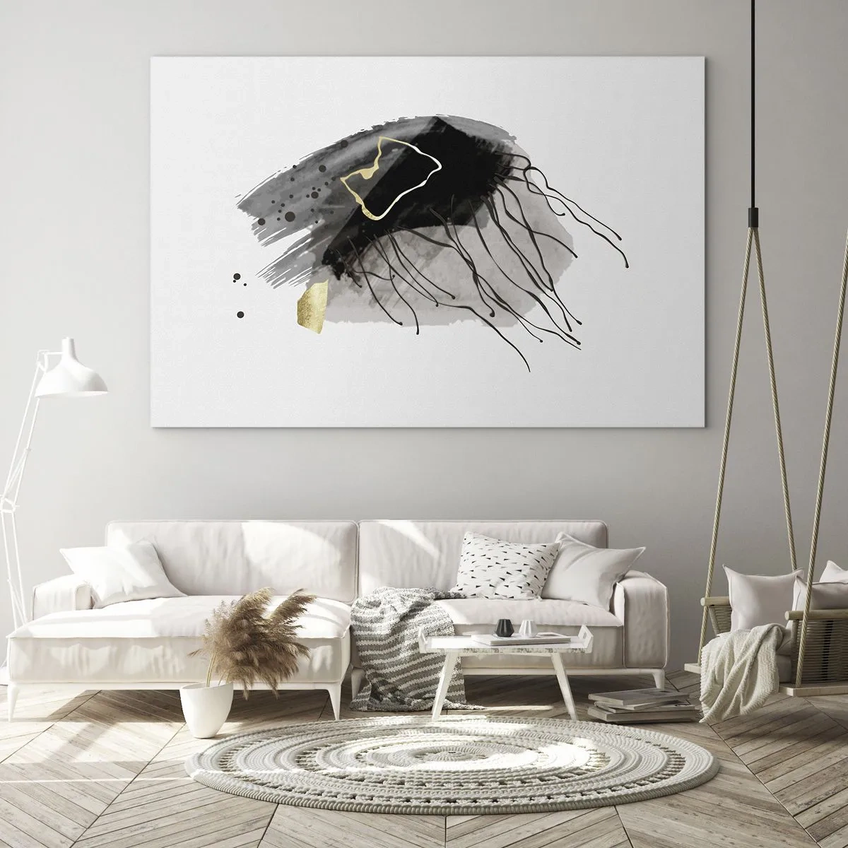 Quadro su vetro - Composizione astratta di nero e oro su sfondo bianco - 100x70cm - In nero e in oro - Decorazione murale moderna per soggiorno e camera da letto ARTTOR