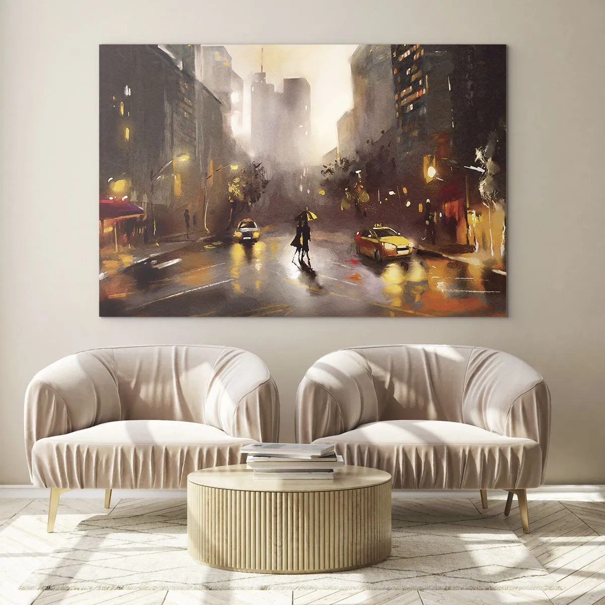 Quadro su vetro - Città di notte sotto la pioggia con taxi e la sagoma di una coppia - 70x50cm - Nelle luci di New York - Decorazione murale moderna per soggiorno e camera da letto ARTTOR