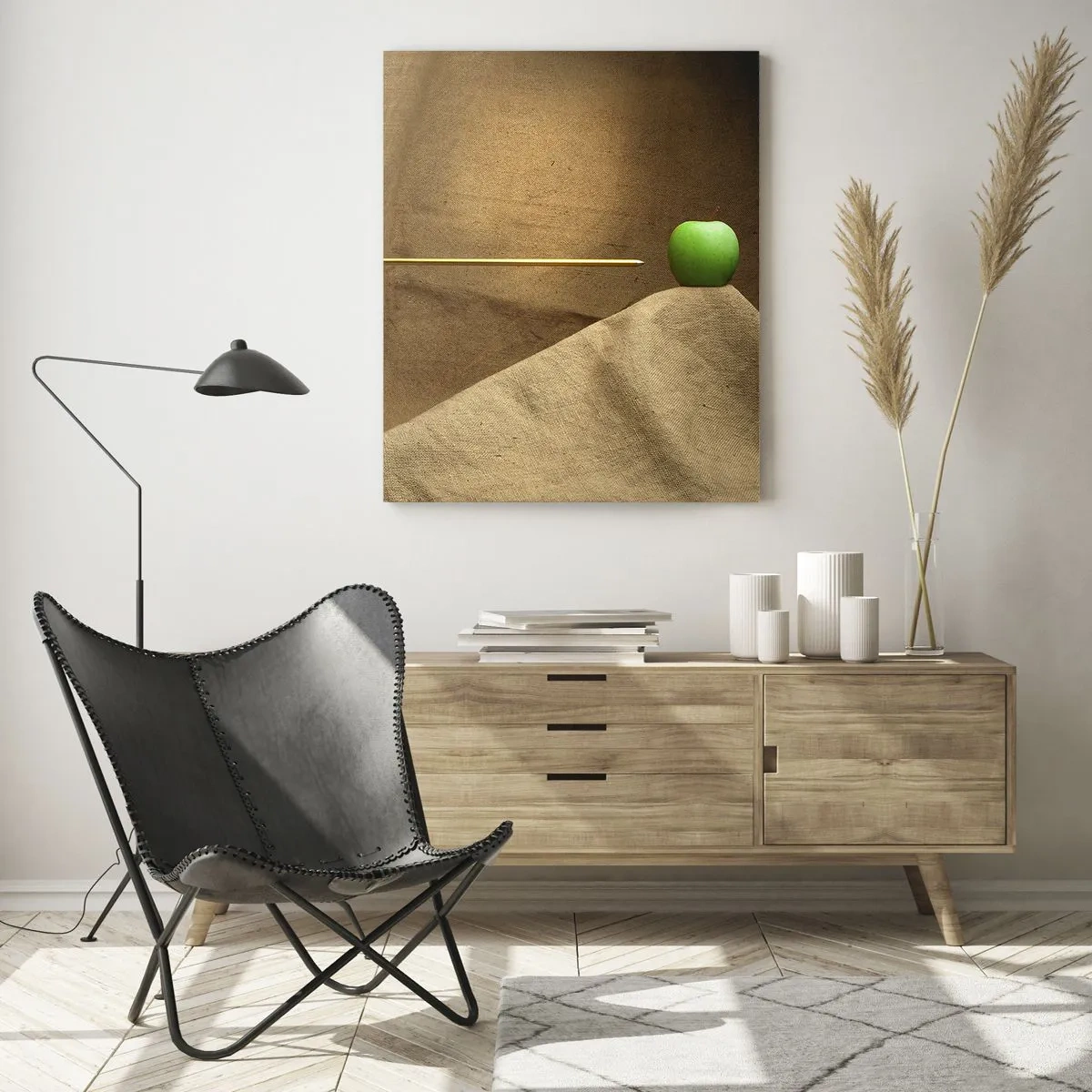 Quadro su vetro - Una mela verde su sfondo beige con una freccia che la trafigge. - 50x70cm - Evocare lo spirito di Guglielmo Tell - Decorazione murale moderna per soggiorno e camera da letto ARTTOR