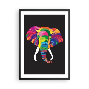 Poster in cornice nera - Un'immagine colorata di un elefante su uno sfondo nero - 50x70cm - L'elefante che faceva il bagno nell'arcobaleno - Decorazione murale moderna per soggiorno e camera da letto ARTTOR