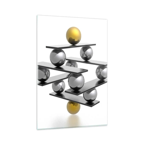 Quadro su vetro - Composizione geometrica con sfere metalliche e accenti dorati - 80x120cm - Equilibrio oro e argento - Decorazione murale moderna per soggiorno e camera da letto ARTTOR
