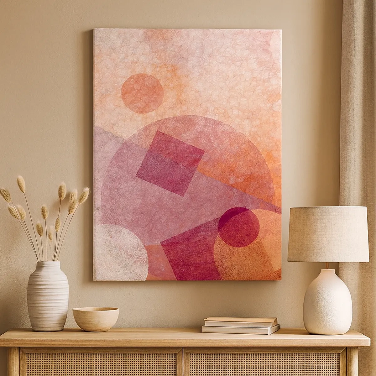 Quadro su tela - Stampe su Tela - Forme geometriche astratte in tonalità pastello di rosa - 50x70cm - Trasformazioni geometriche in rosa - Decorazione murale moderna per soggiorno e camera da letto ARTTOR