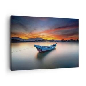 Quadro su tela - Stampe su Tela - Una barca sull'acqua durante un pittoresco tramonto - 70x50cm - Viene una notte buona - Decorazione murale moderna per soggiorno e camera da letto ARTTOR