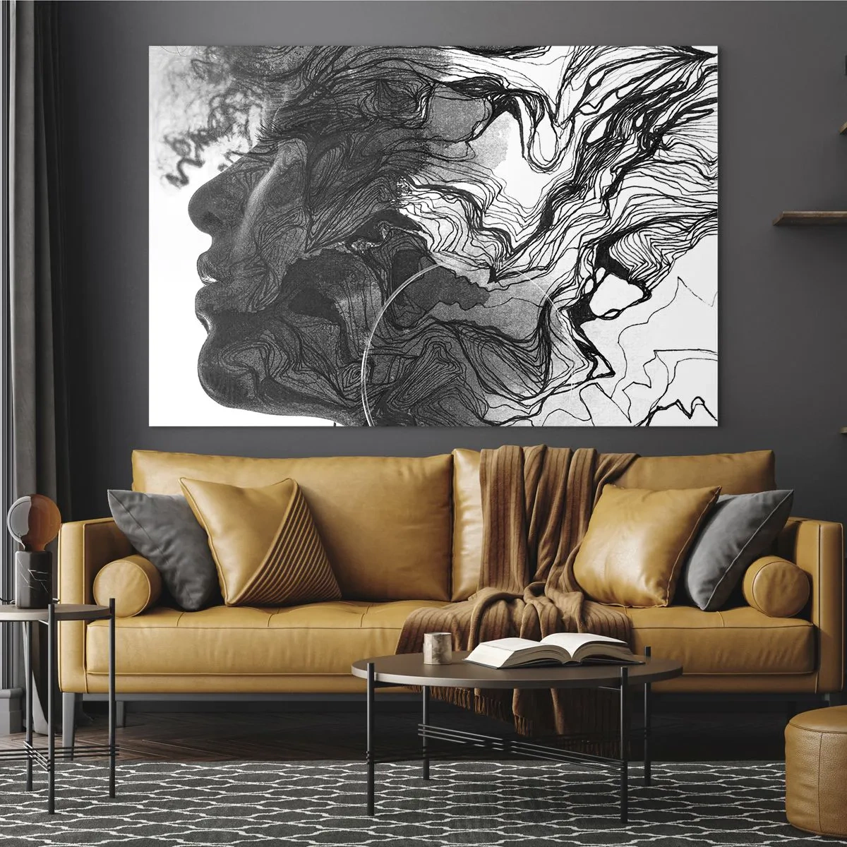 Quadro su vetro - Silhouette in bianco e nero di una donna con linee astratte - 100x70cm - Aggrovigliata nei sogni - Decorazione murale moderna per soggiorno e camera da letto ARTTOR