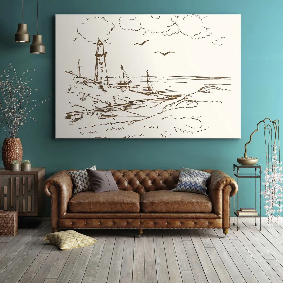 Quadro su tela - Stampe su Tela - Schizzo di un faro che domina il mare - 70x50cm - Schizzo dei ricordi d'estate - Decorazione murale moderna per soggiorno e camera da letto ARTTOR