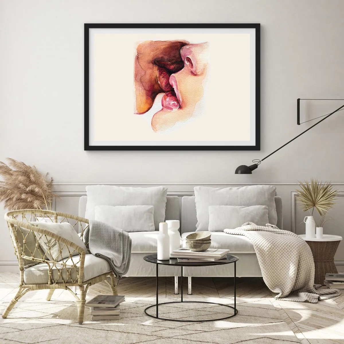 Poster in cornice nera - Un dipinto ad acquerello raffigurante un primo piano di un volto - 100x70cm - Come notte e giorno, terra e cielo - Decorazione murale moderna per soggiorno e camera da letto ARTTOR
