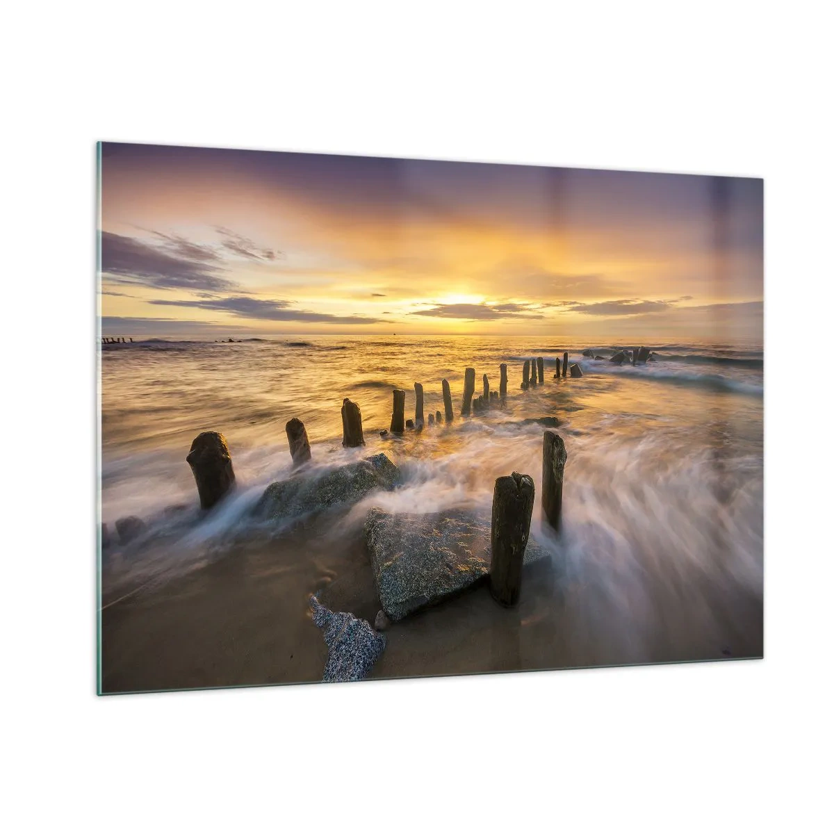 Quadro su vetro - Tramonto sul mare con pali di legno sulla spiaggia - 100x70cm - La bellezza selvatica del Baltico - Decorazione murale moderna per soggiorno e camera da letto ARTTOR