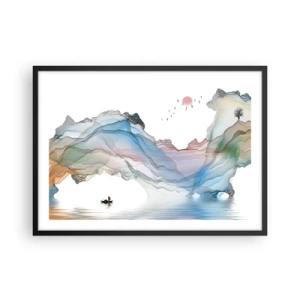 Poster in cornice nera - Un paesaggio delicato con montagne, acqua e una barca - 70x50cm - Verso i monti di cristallo - Decorazione murale moderna per soggiorno e camera da letto ARTTOR