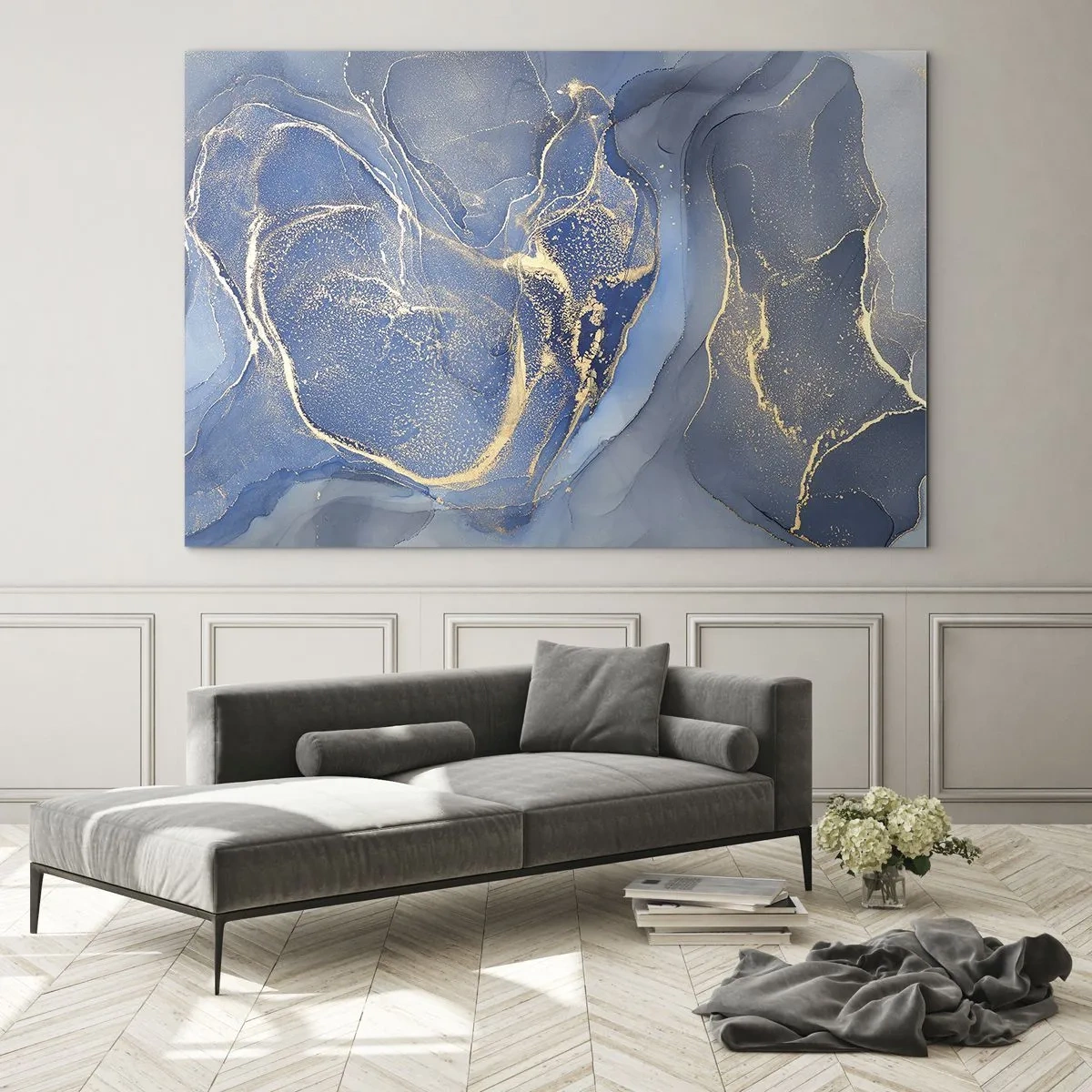 Quadro su vetro - Una composizione astratta nei toni del blu navy e dell'oro - 70x50cm - Polvere d'oro - Decorazione murale moderna per soggiorno e camera da letto ARTTOR