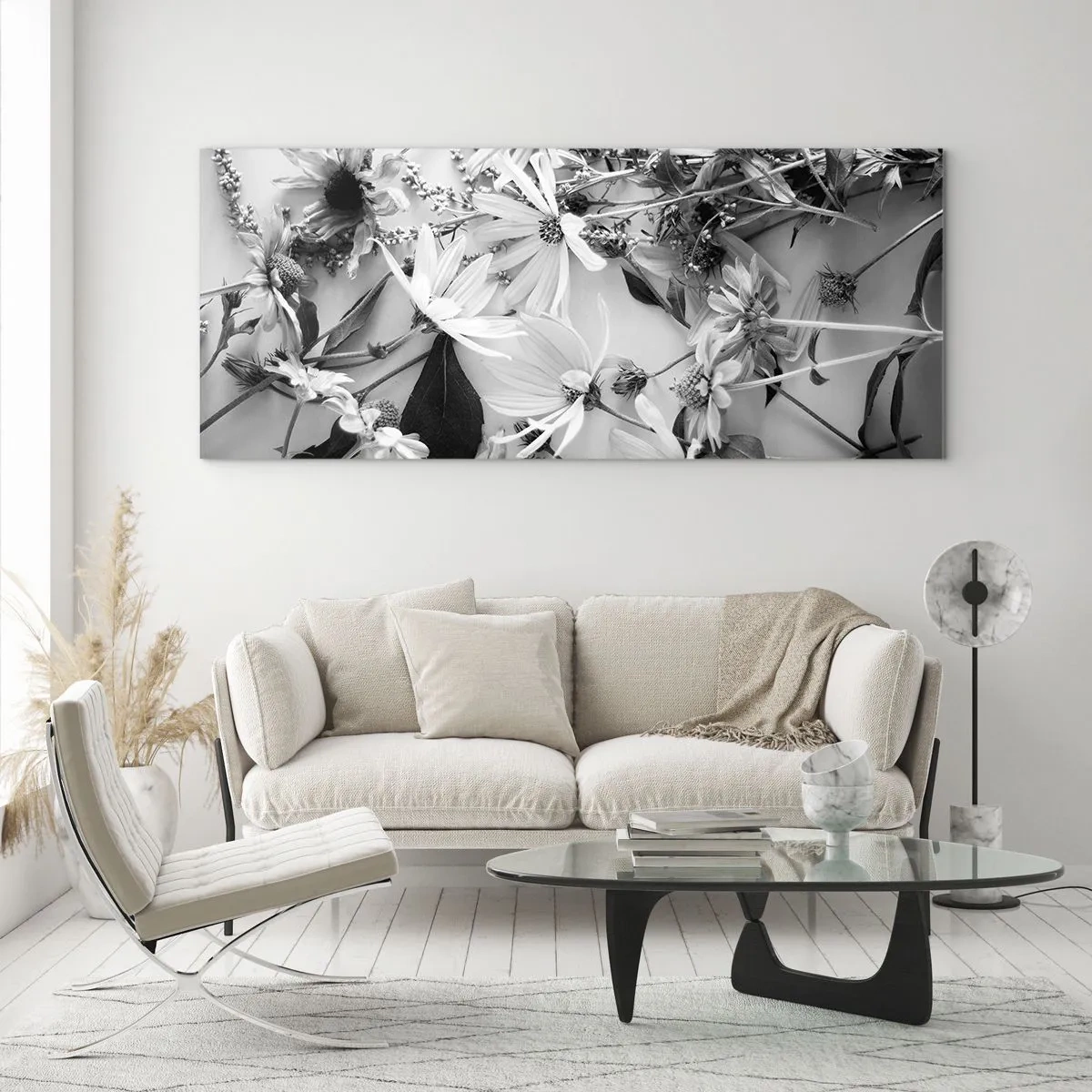 Quadro su vetro - Composizioni floreali in bianco e nero in uno stile artistico sottile - 120x50cm - Un non bouquet di fiori - Decorazione murale moderna per soggiorno e camera da letto ARTTOR