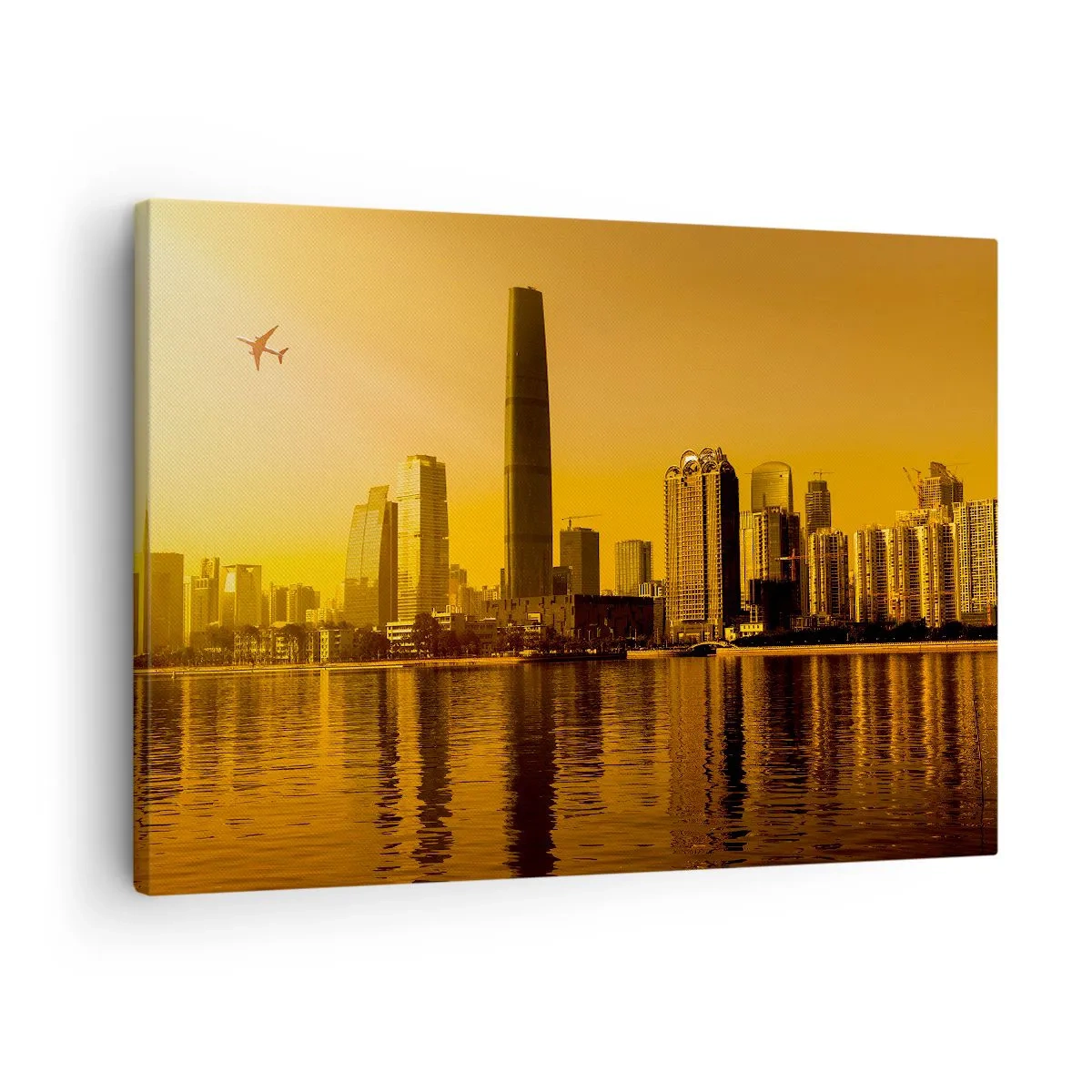 Quadro su tela - Stampe su Tela - Panorama della città al tramonto con grattacieli e un aereo - 70x50cm - Città d'oro - Decorazione murale moderna per soggiorno e camera da letto ARTTOR