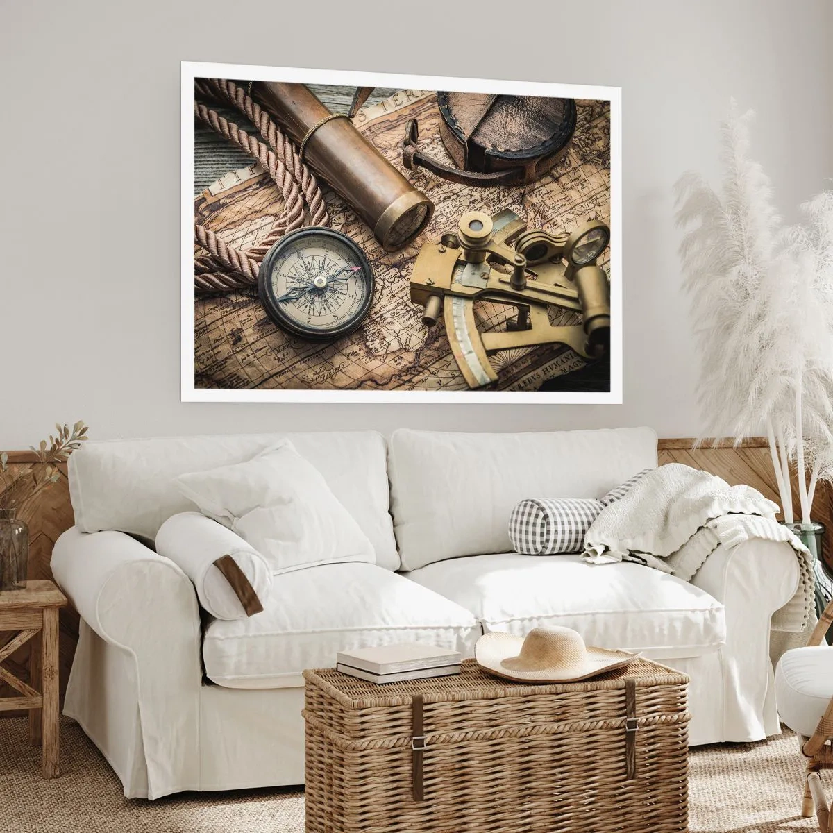 Poster - Una bussola, un sestante e un telescopio sullo sfondo di una vecchia mappa e di una corda nautica. - 100x70cm - Traccia la rotta - Decorazione murale moderna per soggiorno e camera da letto ARTTOR