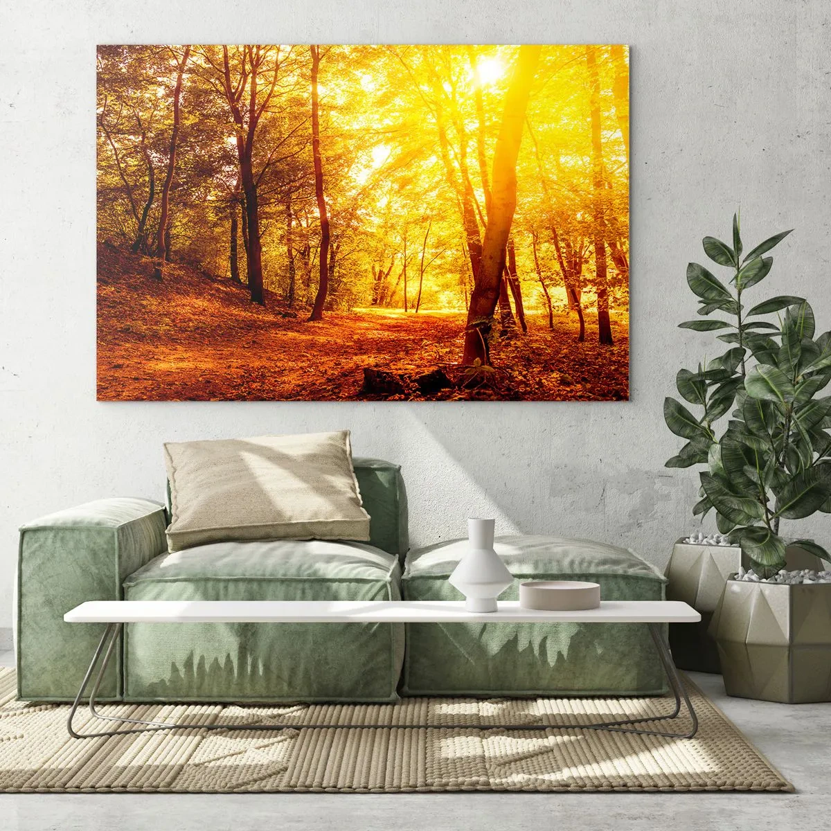 Quadro su vetro - Foresta autunnale illuminata dal caldo bagliore del sole - 120x80cm - Verso la radura dorata - Decorazione murale moderna per soggiorno e camera da letto ARTTOR