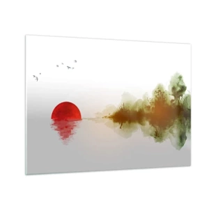 Quadro su vetro - Sole rosso sull'acqua e sul contorno della foresta - 70x50cm - Promessa di pace - Decorazione murale moderna per soggiorno e camera da letto ARTTOR