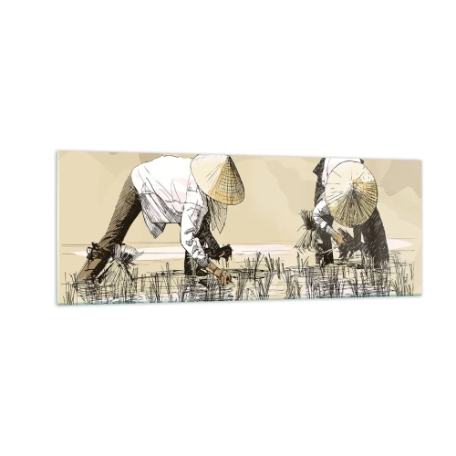 Quadro su vetro - Contadini che lavorano in una risaia indossando copricapi tradizionali - 140x50cm - Buon raccolto - Decorazione murale moderna per soggiorno e camera da letto ARTTOR