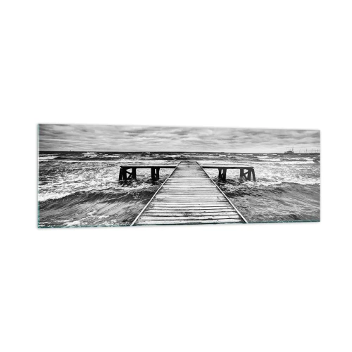 Quadro su vetro - Una vista in bianco e nero di un molo di legno su un mare in tempesta. - 160x50cm - Aspetto che il vento le scacci via... - Decorazione murale moderna per soggiorno e camera da letto ARTTOR