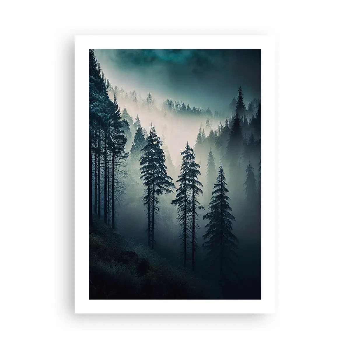 Poster - Una foresta oscura avvolta nella nebbia - 50x70cm - Mattino montano - Decorazione murale moderna per soggiorno e camera da letto ARTTOR