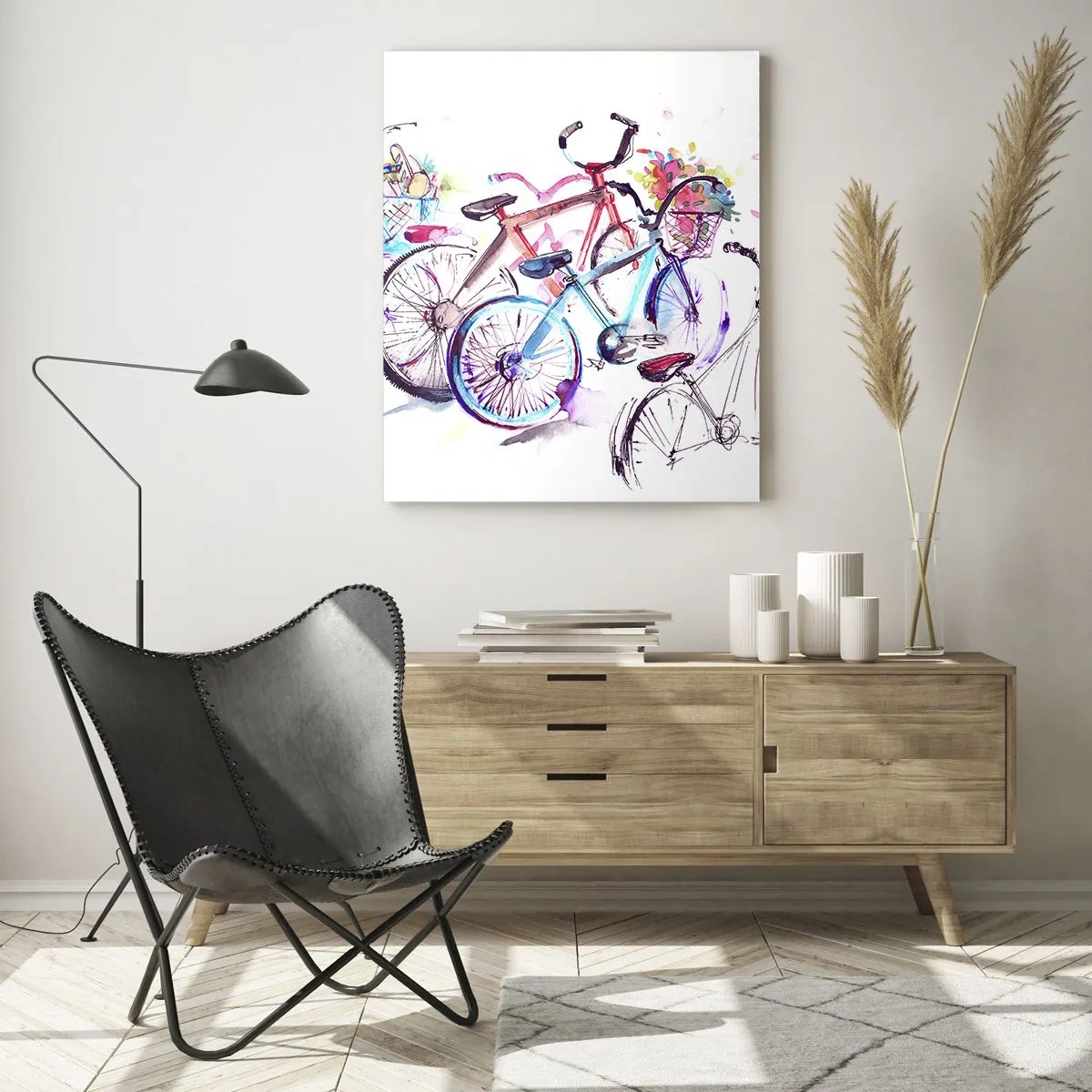 Quadro su vetro - Biciclette colorate in stile acquerello - 50x70cm - La riunione del club Antimoto - Decorazione murale moderna per soggiorno e camera da letto ARTTOR