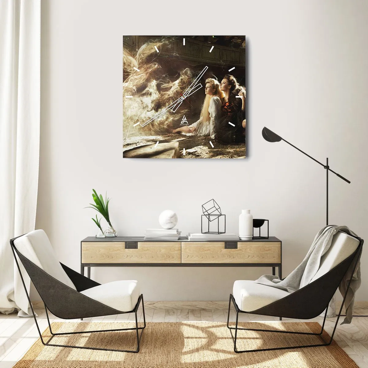 Orologio da parete - Orologio in Vetro - Due donne in un ambiente magico con effetti di luce eterei. - 30x30cm - Ed è diventata poesia - Decorazione murale moderna per soggiorno e camera da letto ARTTOR