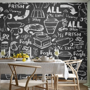 Fotomurali Standard Eco - Motivo a caffè in bianco e nero con scritte - 100x70cm - All you need is… - Decorazione murale moderna per soggiorno e camera da letto ARTTOR