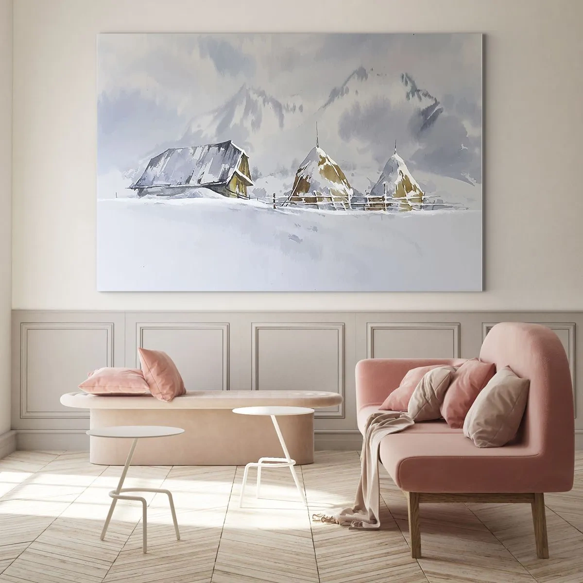Quadro su vetro - Paesaggio invernale con una casetta e pagliai in montagna - 120x80cm - Nella valle innevata - Decorazione murale moderna per soggiorno e camera da letto ARTTOR