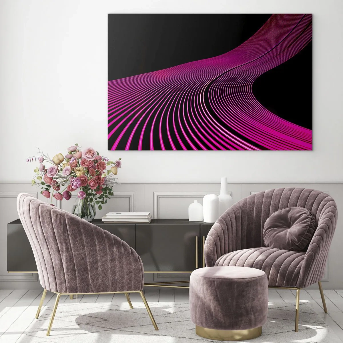 Quadro su vetro - Linee luminose rosa su sfondo nero - 100x70cm - Il viale della luce - Decorazione murale moderna per soggiorno e camera da letto ARTTOR
