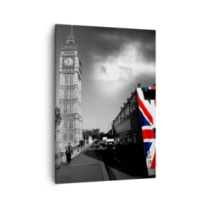 Quadro su tela - Stampe su Tela - Il Big Ben e un autobus con una bandiera britannica su uno sfondo bianco e nero - 50x70cm - Orgogliosa e grande - Decorazione murale moderna per soggiorno e camera da letto ARTTOR