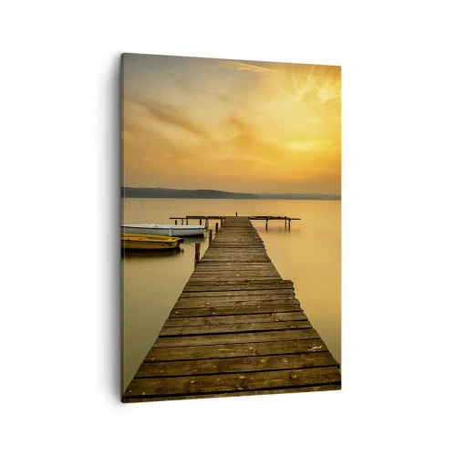 Quadro su tela - Stampe su Tela - Pontile in legno e barche sul lago al tramonto - 50x70cm - Ti apro il cielo dorato - Decorazione murale moderna per soggiorno e camera da letto ARTTOR