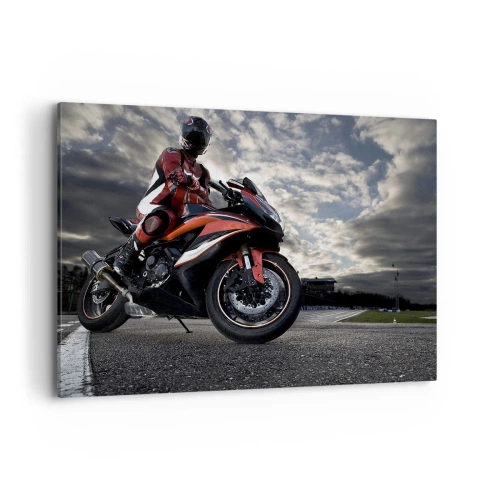 Quadro su tela - Stampe su Tela - Un motociclista su una moto sportiva contro un cielo nuvoloso - 100x70cm - Il cavaliere oscuro - Decorazione murale moderna per soggiorno e camera da letto ARTTOR