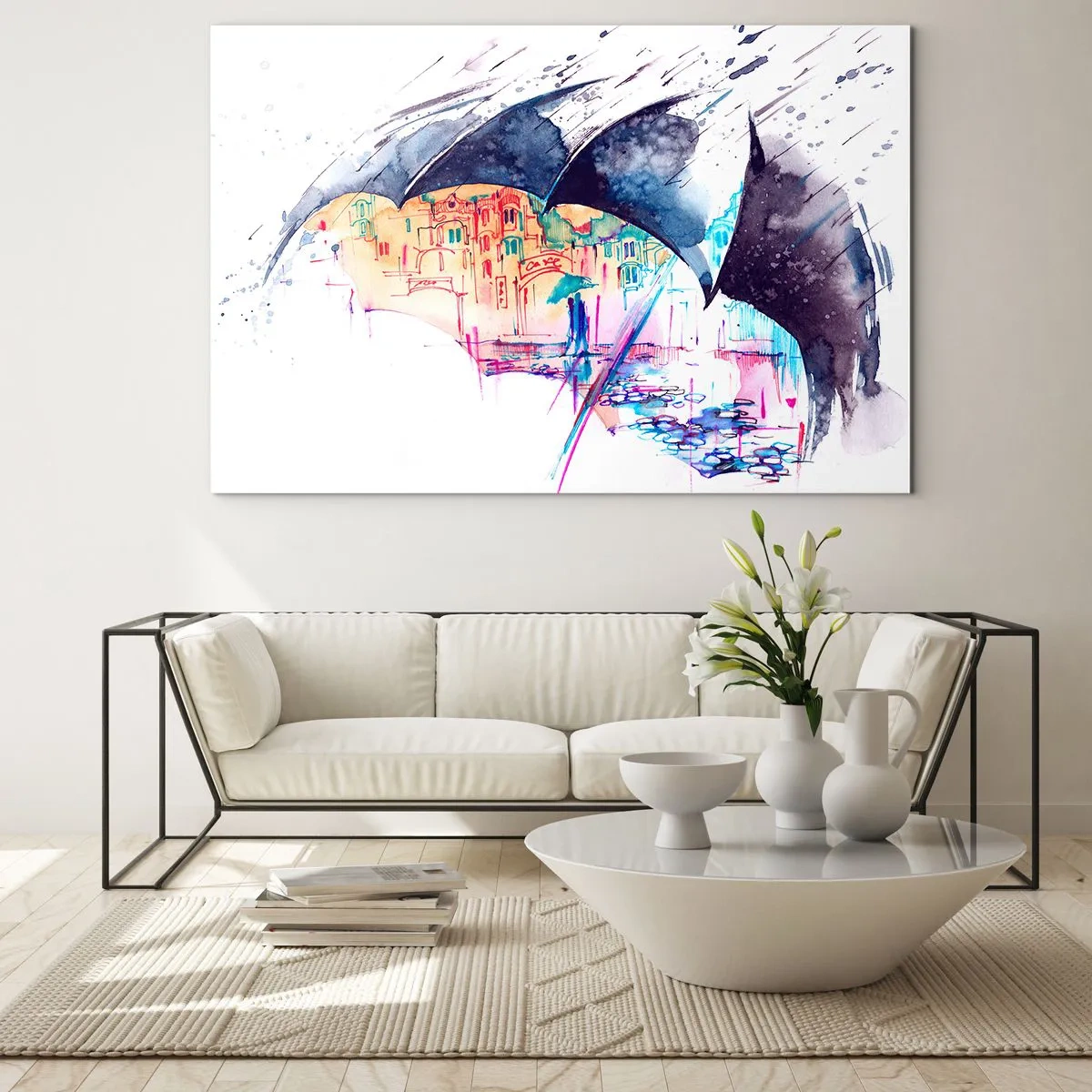 Quadro su vetro - Una città colorata sullo sfondo sotto un ombrello nero - 70x50cm - Passeggiata sotto la pioggia - Decorazione murale moderna per soggiorno e camera da letto ARTTOR