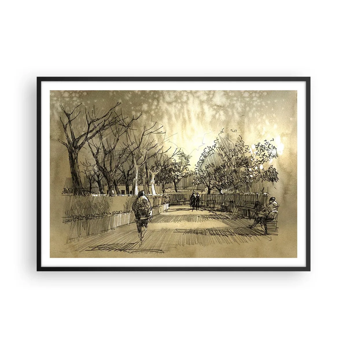 Poster in cornice nera - Una scena di cartone animato di un parco con persone che camminano in toni caldi. - 100x70cm - Attimo fermato con la penna - Decorazione murale moderna per soggiorno e camera da letto ARTTOR