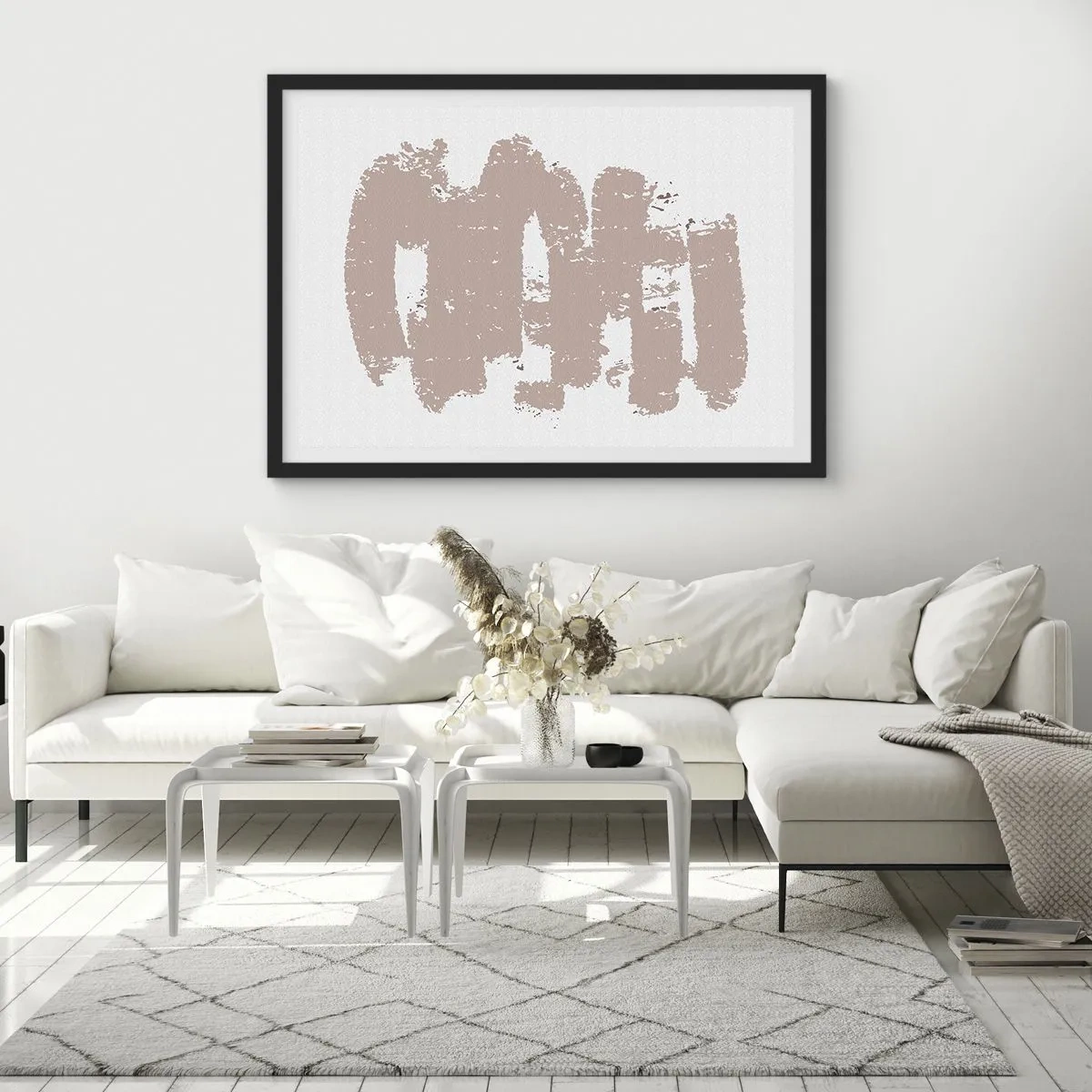 Poster in cornice nera - Forme rosa tenui su uno sfondo chiaro - 70x50cm - Astrazione in un rosa mite - Decorazione murale moderna per soggiorno e camera da letto ARTTOR