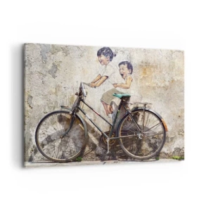 Quadro su tela - Stampe su Tela - Street art con una bicicletta e disegni di bambini sul muro - 100x70cm - Vero o falso? - Decorazione murale moderna per soggiorno e camera da letto ARTTOR