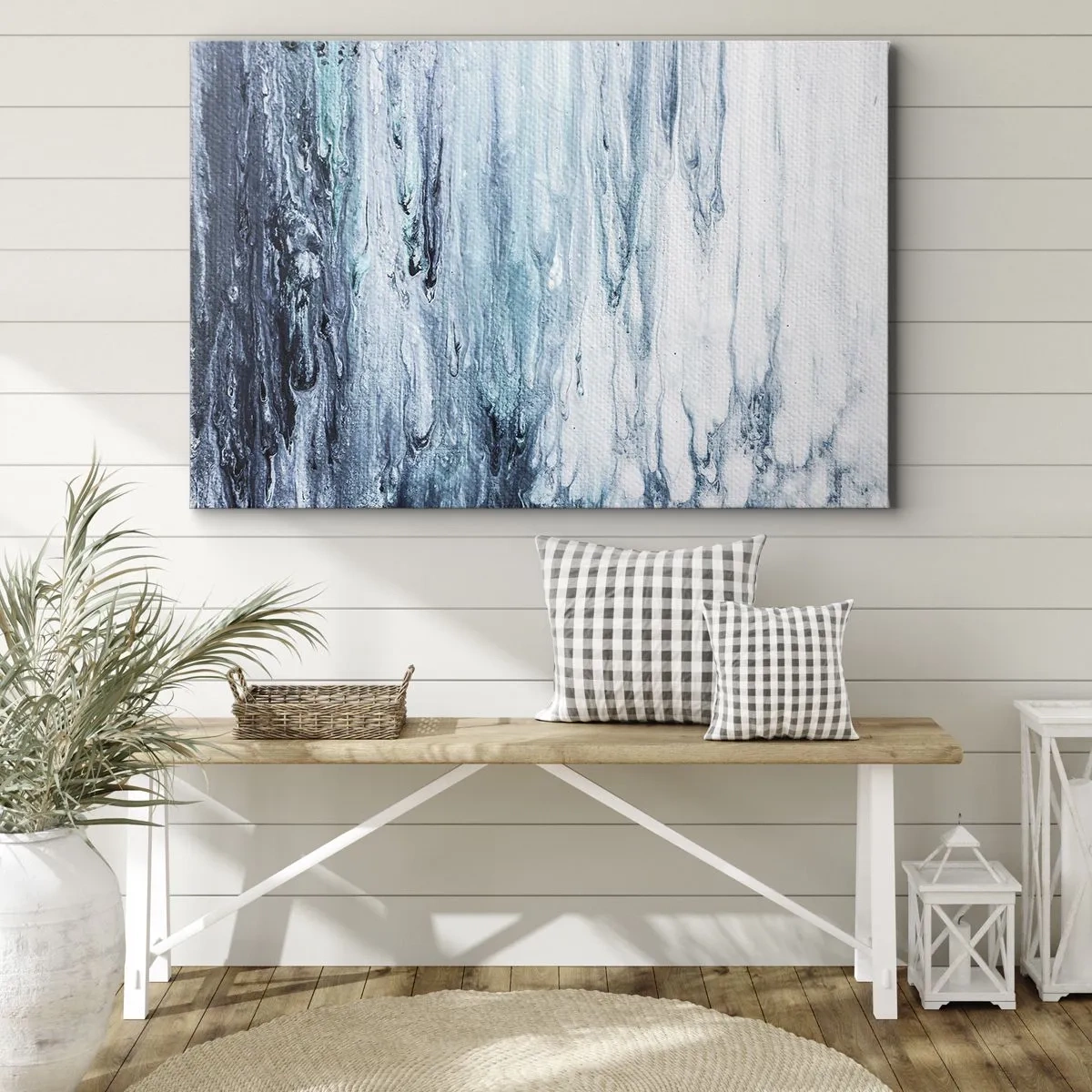 Quadro su tela - Stampe su Tela - Striature astratte blu e bianche che ricordano i ghiaccioli - 70x50cm - Ghiaccio blu - Decorazione murale moderna per soggiorno e camera da letto ARTTOR