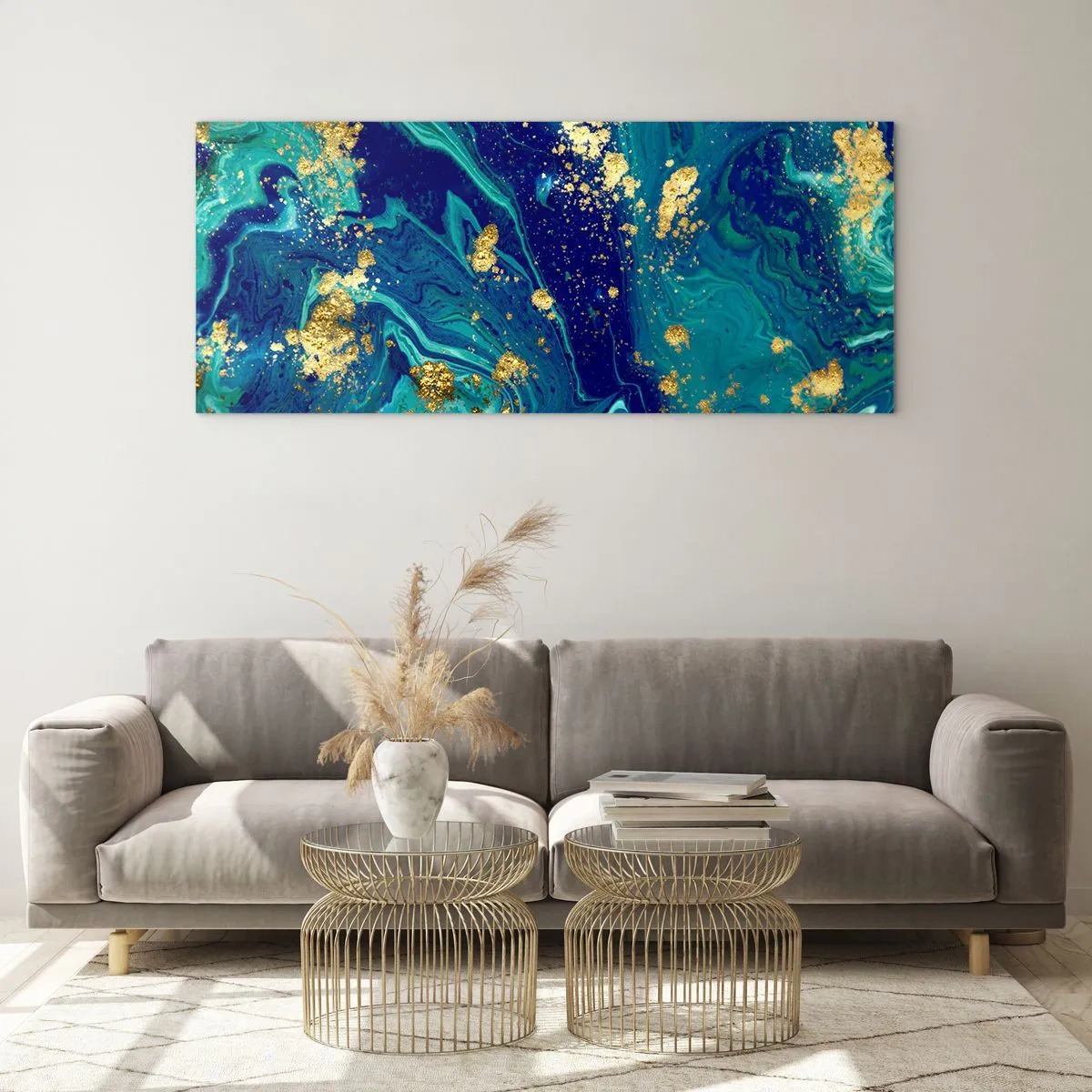 Quadro su vetro - Una composizione astratta con accenti blu, verdi e dorati. - 120x50cm - Petali di sole - Decorazione murale moderna per soggiorno e camera da letto ARTTOR