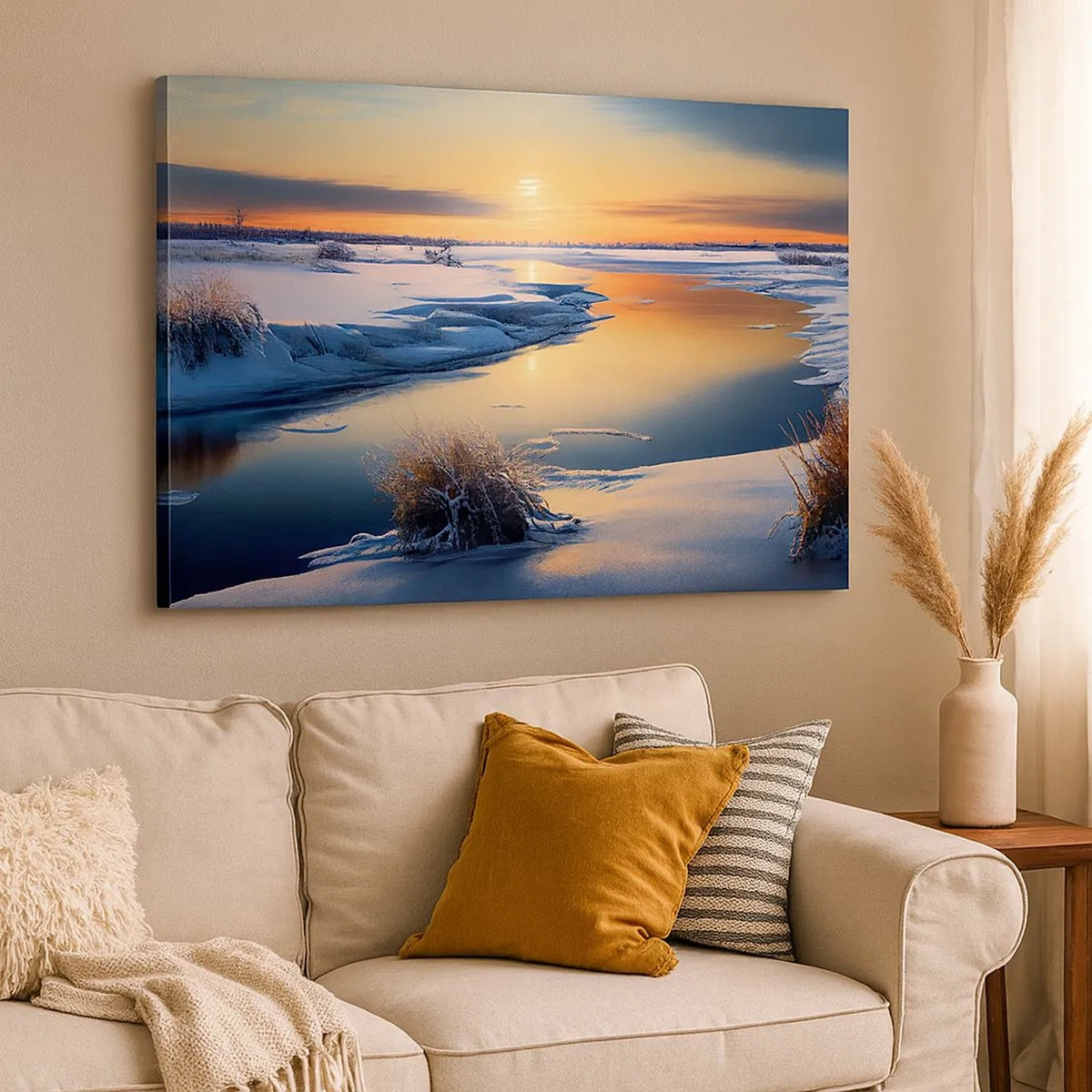 Quadro su tela - Stampe su Tela - Paesaggio invernale con un fiume al tramonto - 70x50cm - Tramonto invernale - Decorazione murale moderna per soggiorno e camera da letto ARTTOR