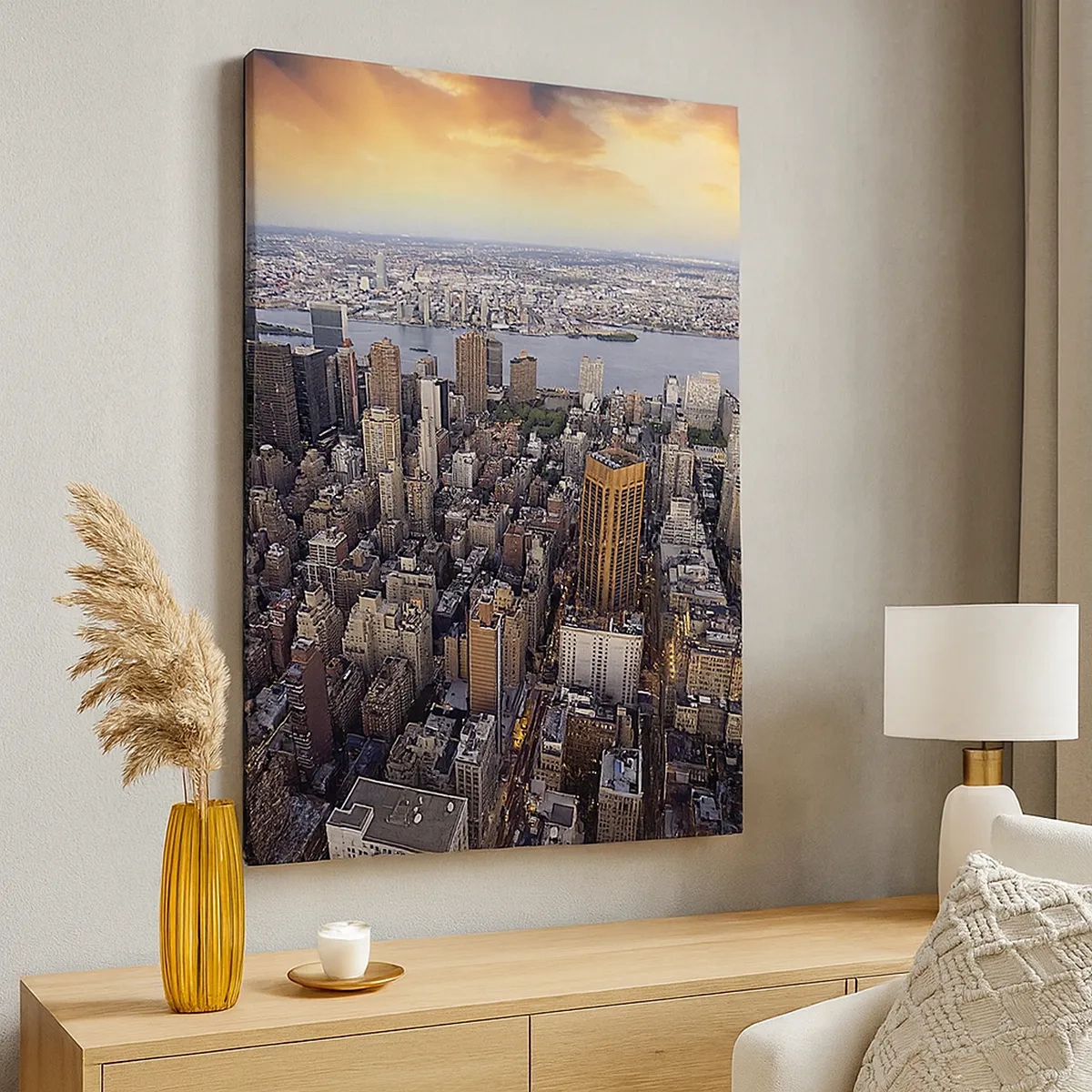 Quadro su tela - Stampe su Tela - Vista della metropoli con il sole al tramonto - 50x70cm - Il cuore pulsante dei nostri tempi - Decorazione murale moderna per soggiorno e camera da letto ARTTOR