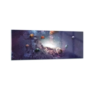 Quadro su vetro - Pianeti in una galassia con una nebulosa sullo sfondo - 140x50cm - Sistema solare danzante - Decorazione murale moderna per soggiorno e camera da letto ARTTOR