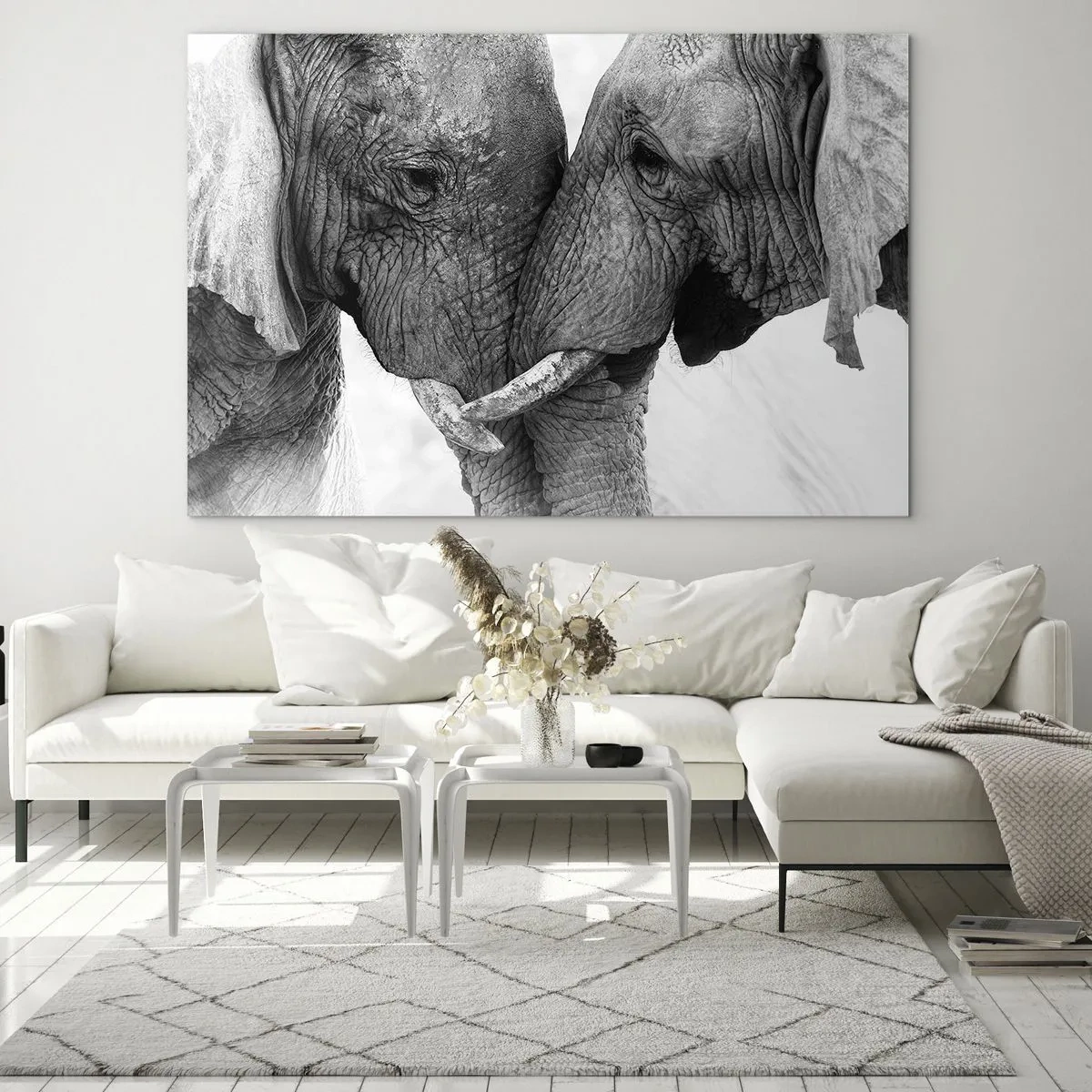 Quadro su vetro - Due elefanti che si toccano la fronte in bianco e nero - 100x70cm - Dichiarazione sincera - Decorazione murale moderna per soggiorno e camera da letto ARTTOR