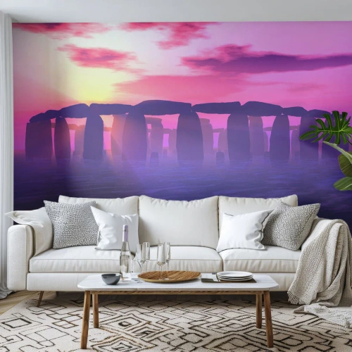 Fotomurali Premium Canvas - Cerchio di pietre al tramonto con cielo viola - 100x70cm - Mistero in un'alba nebbiosa - Decorazione murale moderna per soggiorno e camera da letto ARTTOR