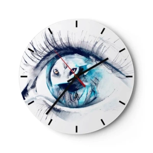 Orologio da parete - Orologio in Vetro - Motivo artistico a forma di occhio di lupo nei toni del blu e del bianco - 30x30cm - Faccia a faccia con la natura selvaggia - Decorazione murale moderna per soggiorno, cucina e camera da letto ARTTOR