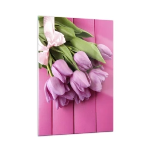 Quadro su vetro - Un mazzo di tulipani rosa su uno sfondo di legno - 50x70cm - Proprio per te - Decorazione murale moderna per soggiorno e camera da letto ARTTOR