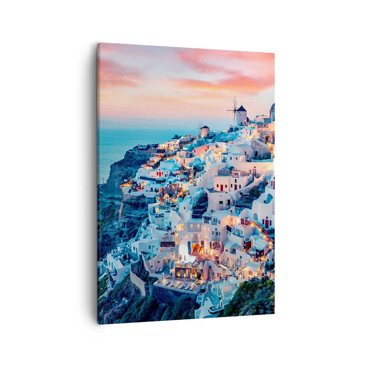 Quadro su tela - Stampe su Tela - Santorini al tramonto con edifici bianchi sulla collina - 50x70cm - La tua grossa vacanza greca - Decorazione murale moderna per soggiorno e camera da letto ARTTOR