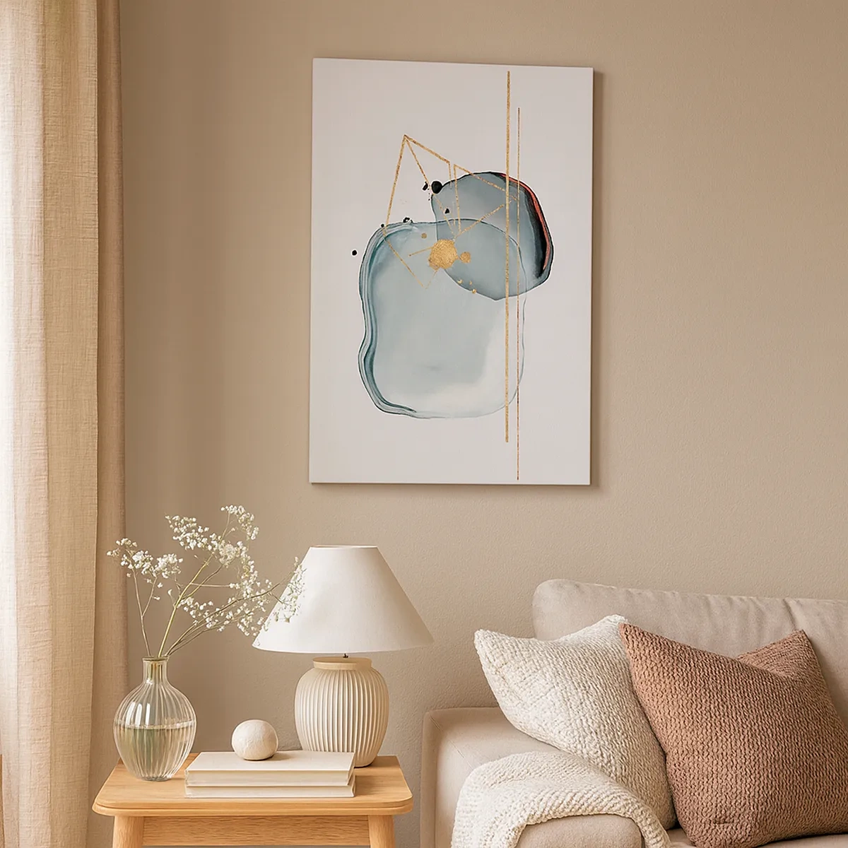 Quadro su tela - Stampe su Tela - Forme astratte nei toni del blu e dell'oro su sfondo bianco - 50x70cm - Studio di goccia - Decorazione murale moderna per soggiorno e camera da letto ARTTOR