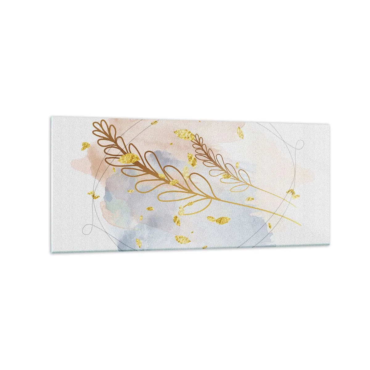 Quadro su vetro - Un delicato motivo a foglia dorata su uno sfondo pastello con dettagli acquerellati. - 120x50cm - Soffio d'oro - Decorazione murale moderna per soggiorno e camera da letto ARTTOR
