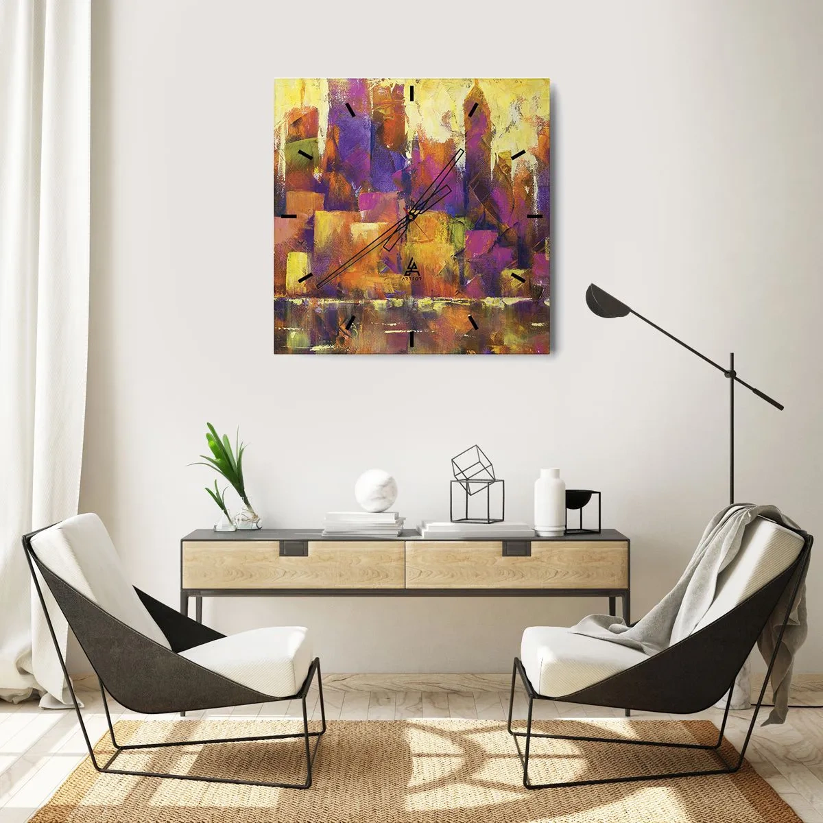 Orologio da parete - Orologio in Vetro - Composizione astratta di una metropoli nei toni del giallo e del viola - 30x30cm - Composizione metropolitana - Decorazione murale moderna per soggiorno e camera da letto ARTTOR